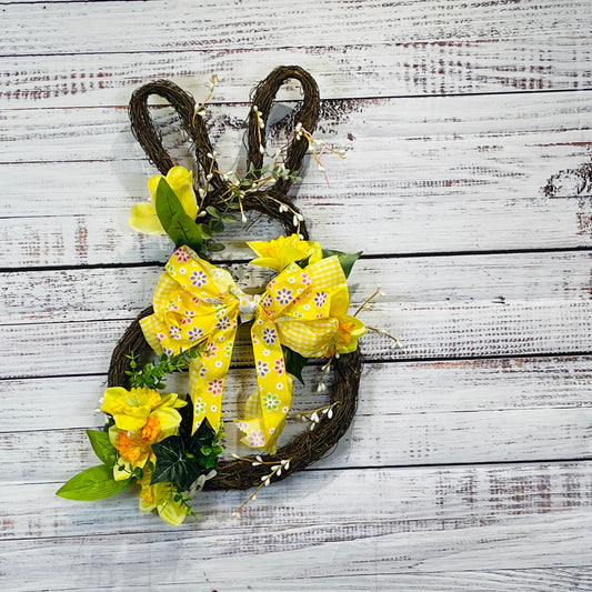 Grapevine Bunny with floral accents and yellow bow.